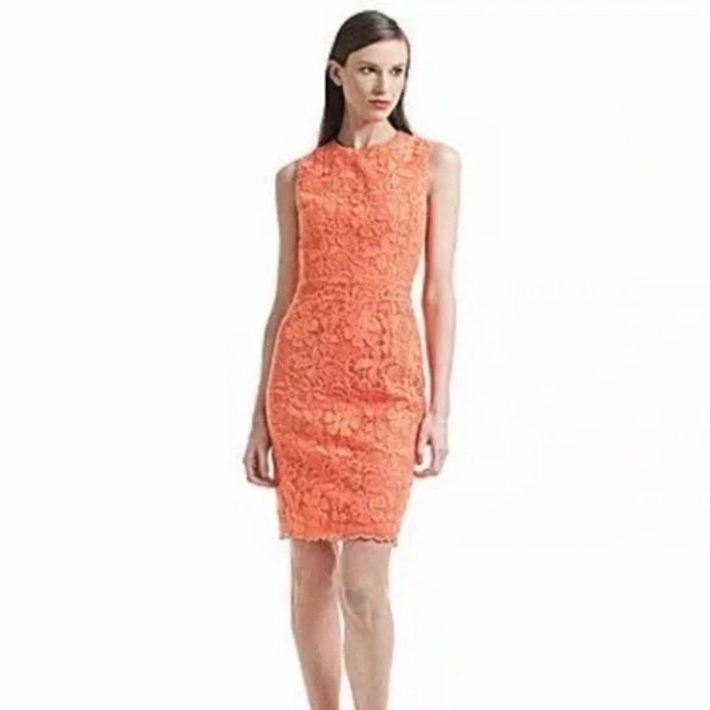 Badgley Mischka Belle Coral Orange Floral Lace Sheath Dress